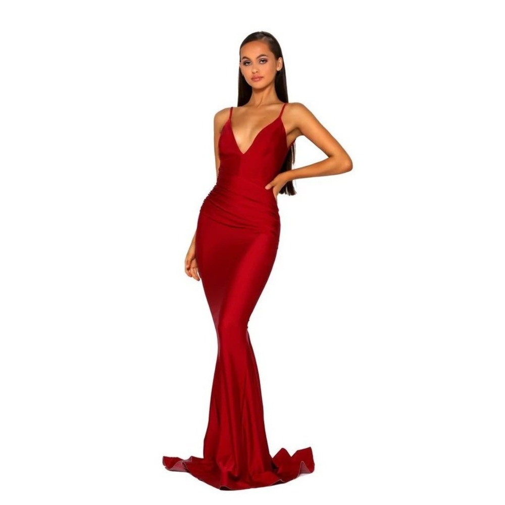 Portia and Scarlett PS5029 Dark Red Prom Gown Dress Mermaid V-Neck Open Back‎ 10